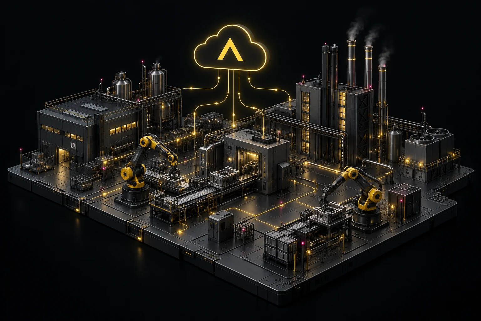 Illustrative connected smart factory with robotic arms and machine-to-cloud data connections